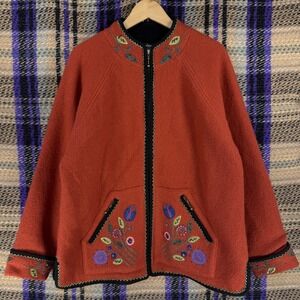 Icelandic Design Jacket Womens XL Red Wool Embroidered Floral Zip Collarless